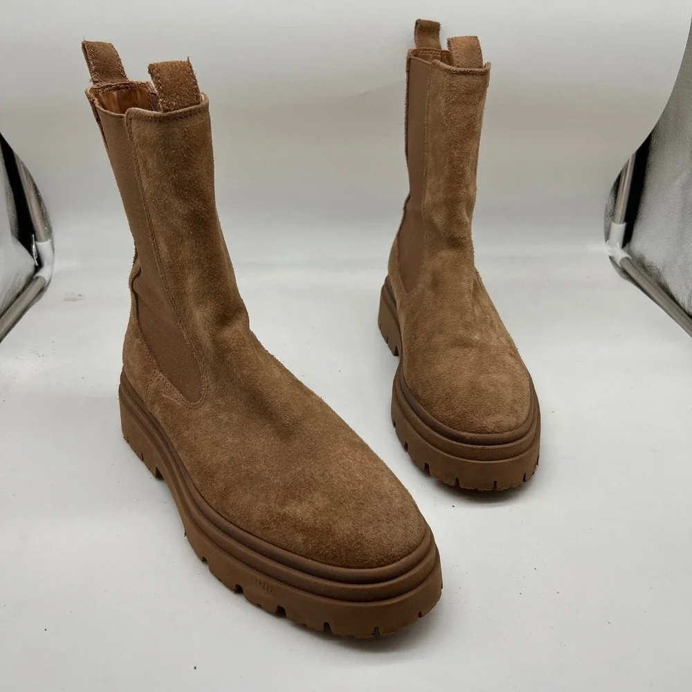 Zara Tan Suede Lug Sole Chelsea Boots Mid Calf Platform 39 - Picture 1 of 8